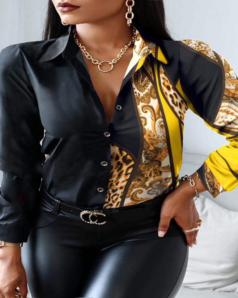 

Plus Size Scarf Leopard Print Button Down Shirt, Black