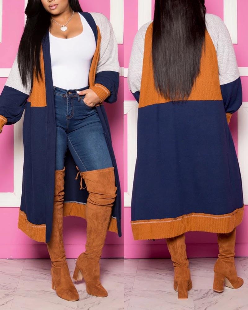

Colorblock Lantern Sleeve Open Front Longline Coat, Orange