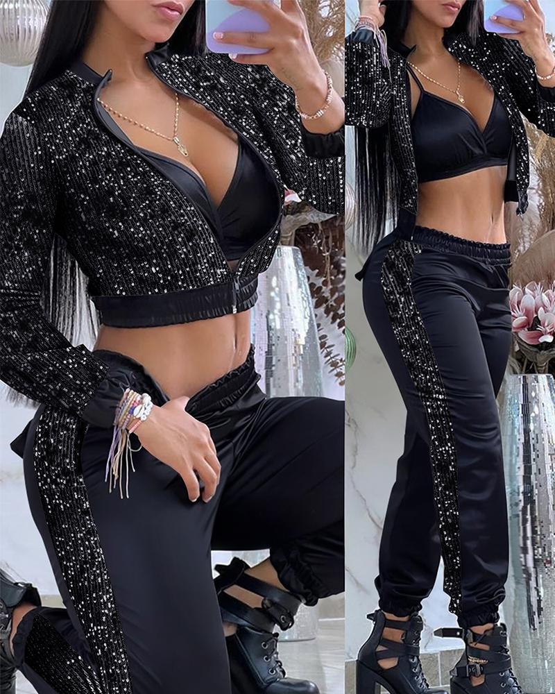 

Contrast Sequin Zip Up Top & Cuffed Pants Set, Black