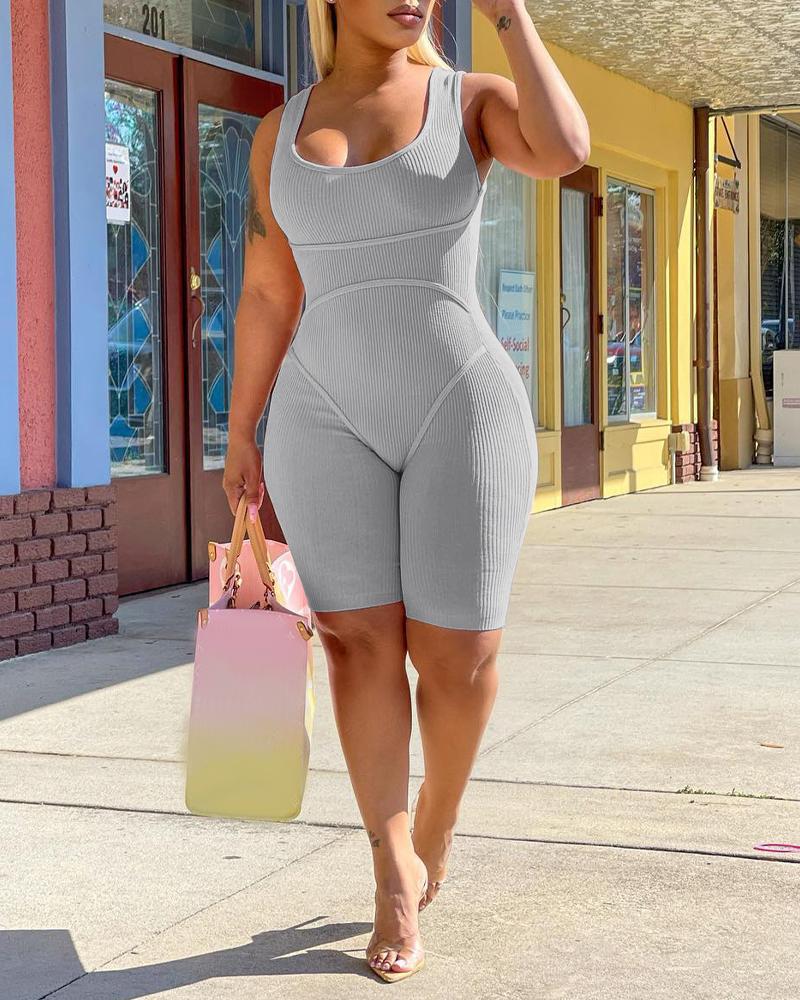 

Ribbed U-Neck Sleeveless Skinny Romper, Gray