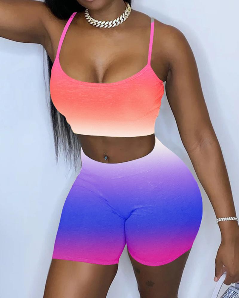 

Tie Dye Sleeveless Skinny Tanks With Mini Skirts Suit Sets, Pink