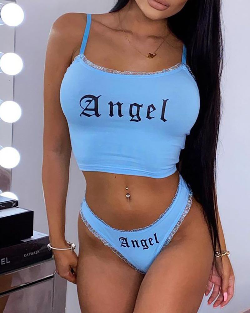 

Lace Trim Letter Print Cami Set, Blue