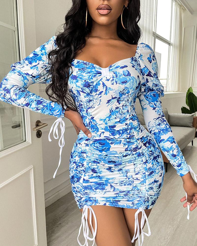 

Ruched Gigot Sleeve Graphic Print Bodycon Dress, Blue