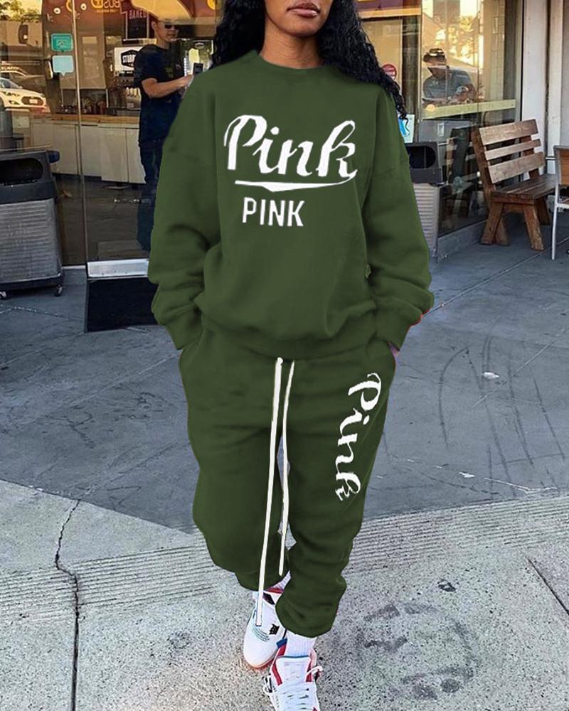 

Letter Print Top & Drawstring Pants Set, Army green