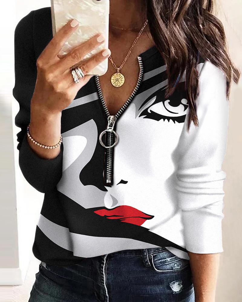 

Abstract Figure Print Zip Front Long Sleeve Top, Blackwhite