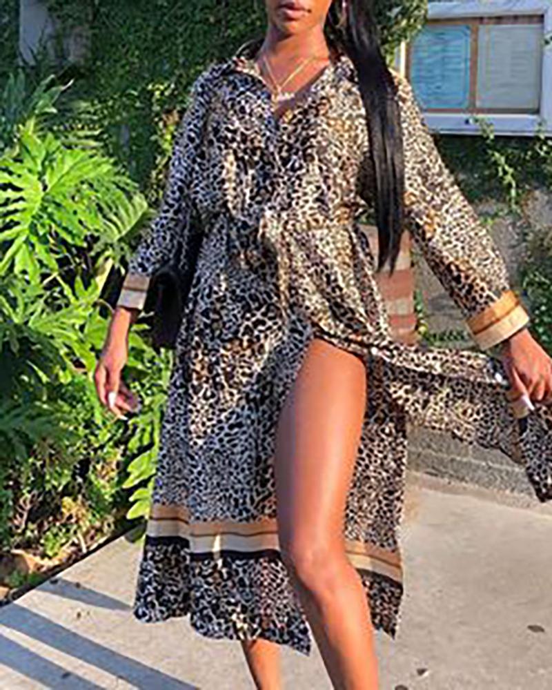 

Leopard Print Ruched Long Sleeve Slit Shirt Dress