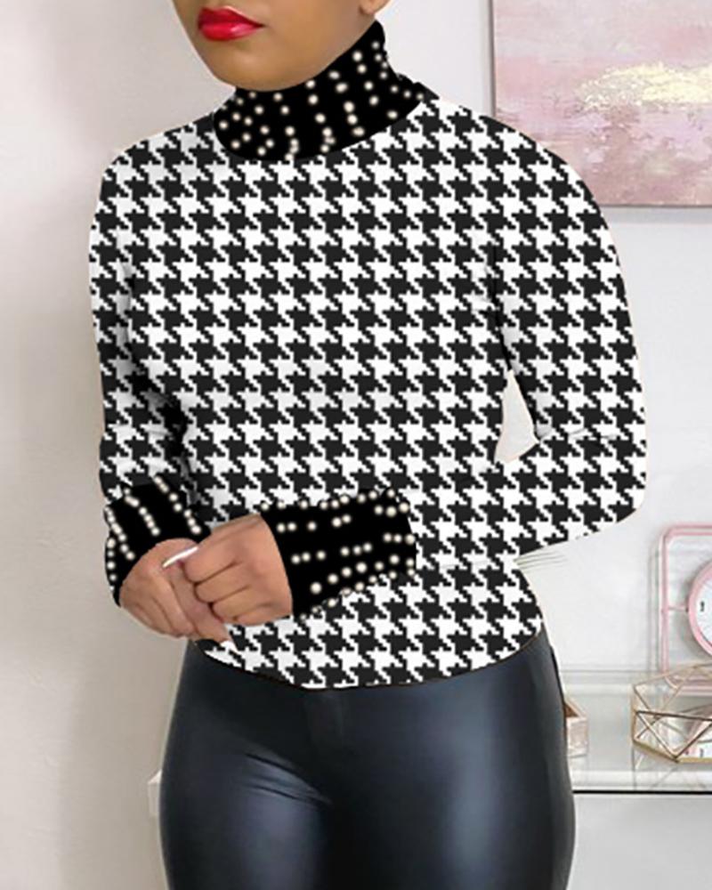 

Houndstooth Print High Neck Beaded Blouse, Black