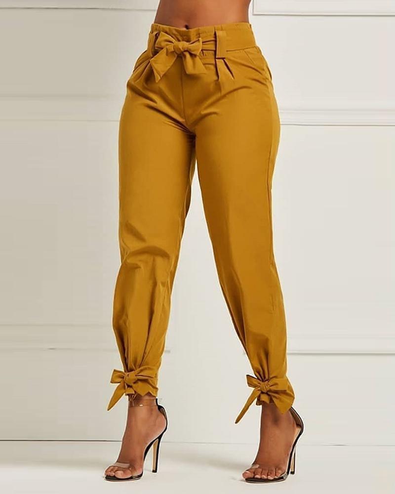 

Solid Bow Tie High Waist Pants, Yellow
