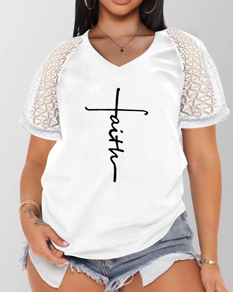 

Lace Patch Letter Print Short Sleeve T-shirt, White