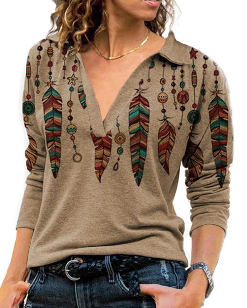 

Graphic Print Long Sleeve Top, Khaki