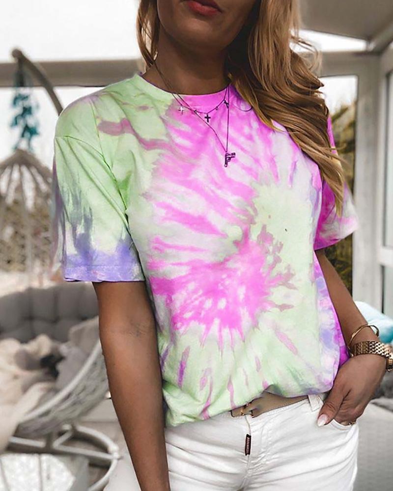 

Tie Dye Print Short Sleeve Casual T-shirt, Hot pink