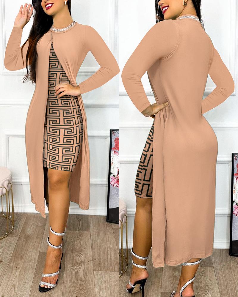 

Geometric Print Patchwork Slit Rhinestone Decor Dress, Brown