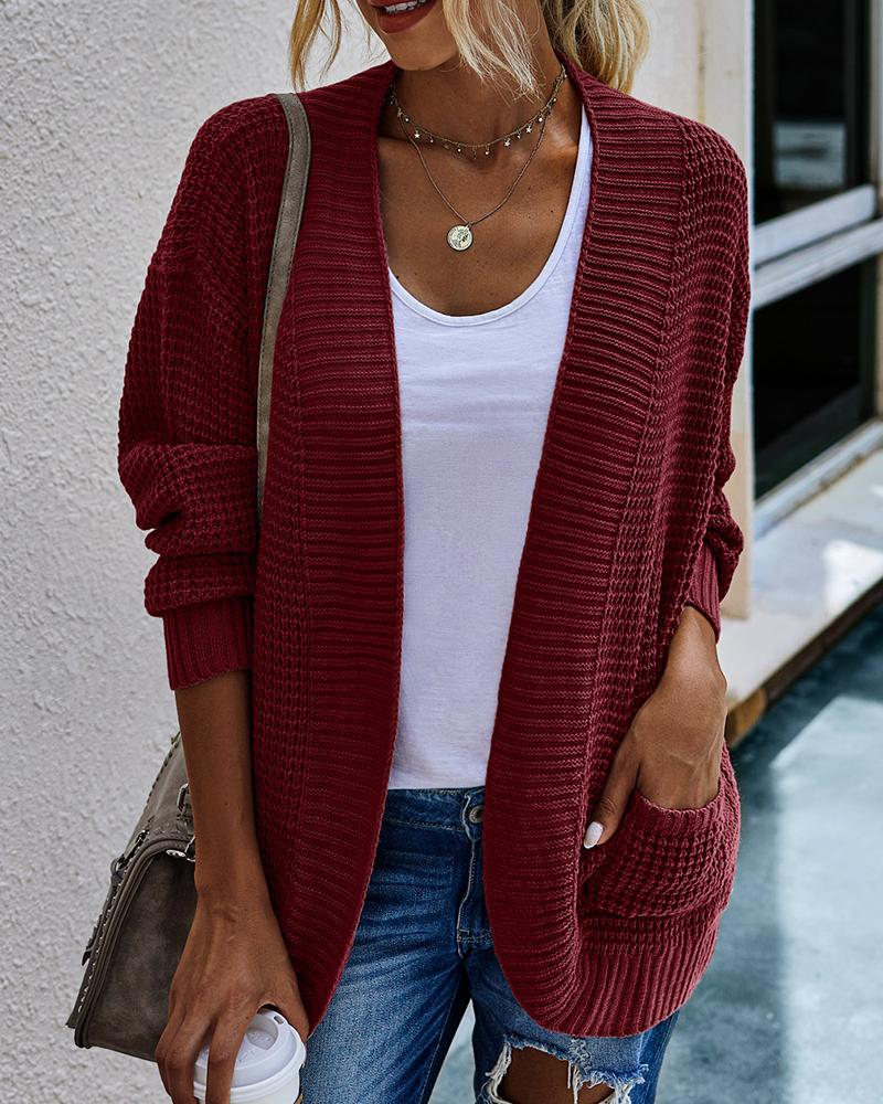 

Solid Pocket Design Long Sleeve Knit Cardigan, Wine red