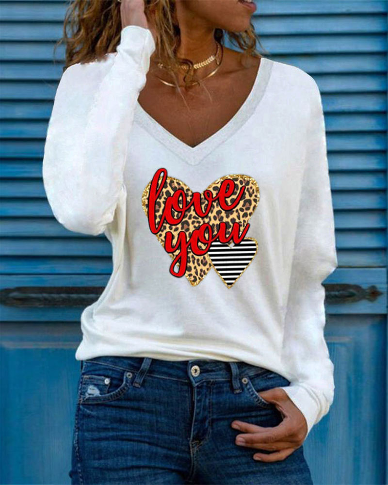 

Leopard Heart Letter Print Long Sleeve V-Neck Top, White