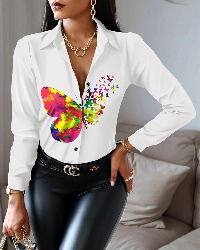 

Butterfly Print Long Sleeve Button Down Shirt, White