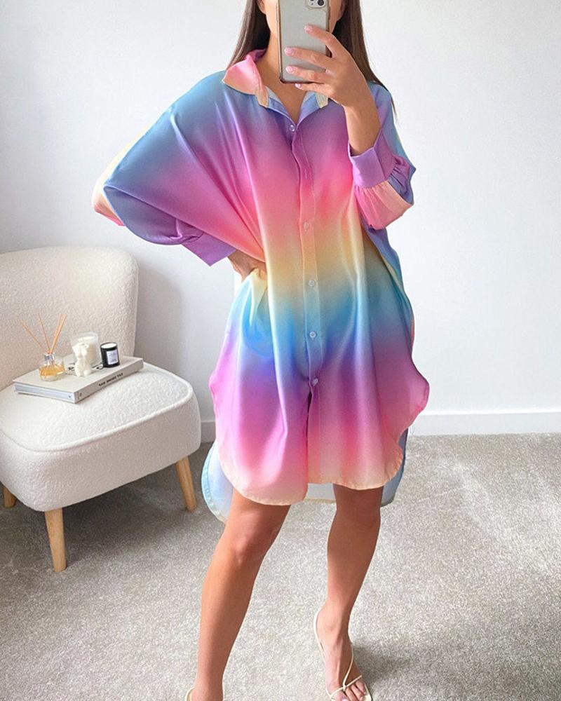 

Ombre Colorblock Long Sleeve Buttoned Shirt Dress, Multicolor