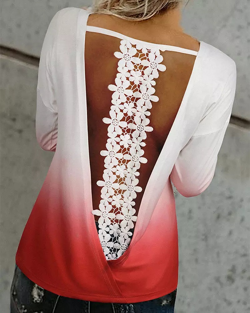 

Ombre Contrast Lace Open Back Long Sleeve Top, Red