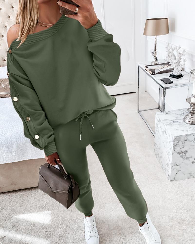 

Conjunto de 2 peças, blusa de manga comprida com decote torto e botões, calças compridas com punhos, Army green