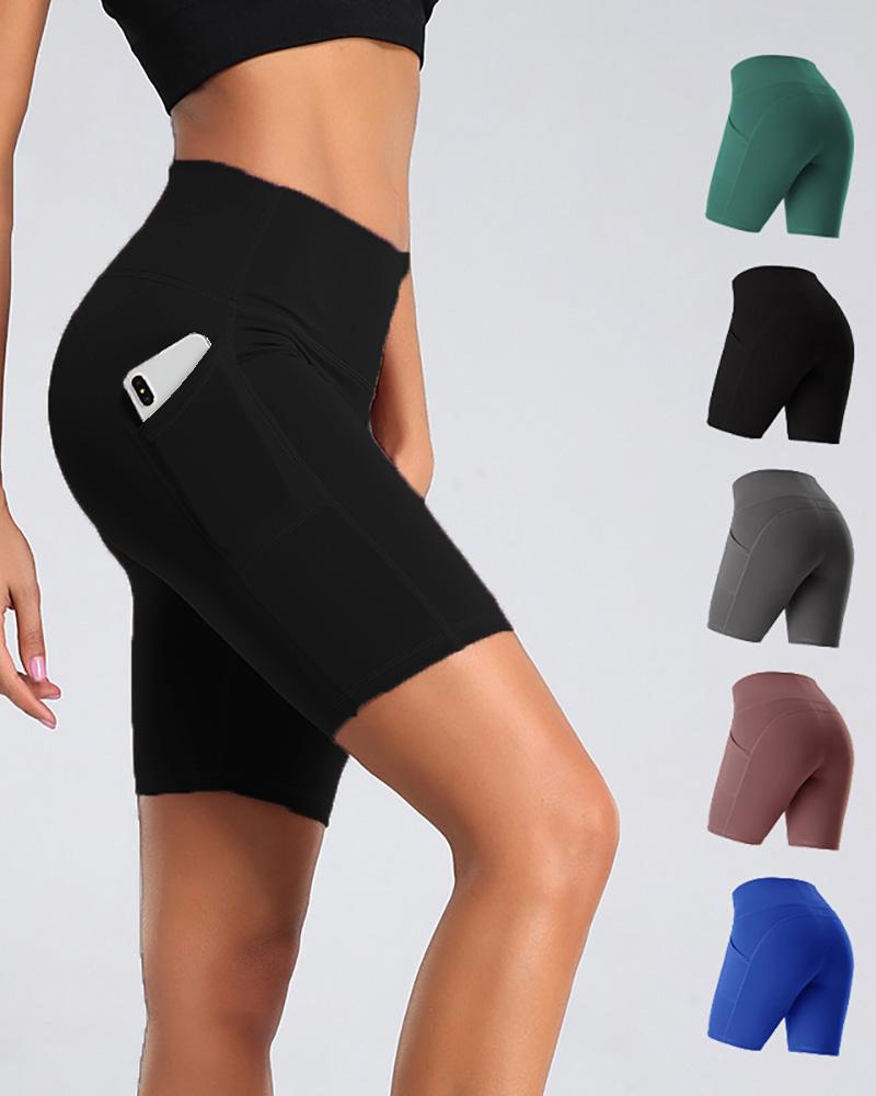 

Pocket Design High Waisted Pocket Design Butt Lifting Yoga Shorts, Black