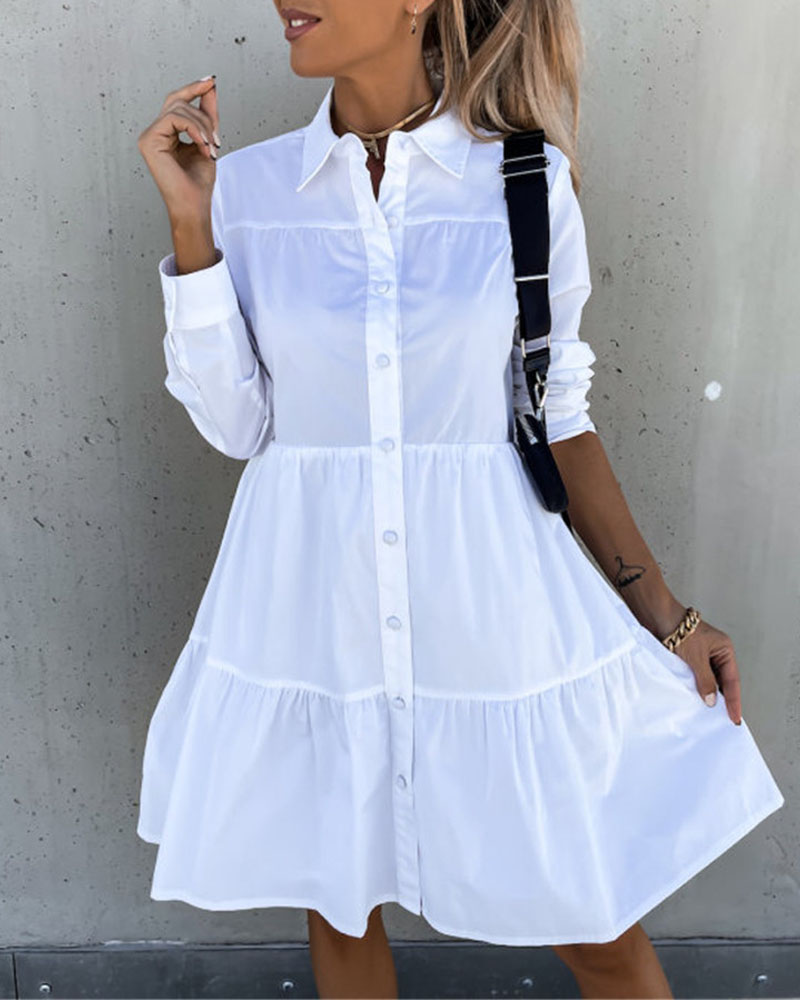 

Long Sleeve Ruffle Hem Buttoned Shirt Dress, White