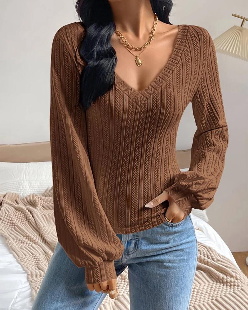 

Deep V-Neck Wheat Textured Casual Top, Coffee