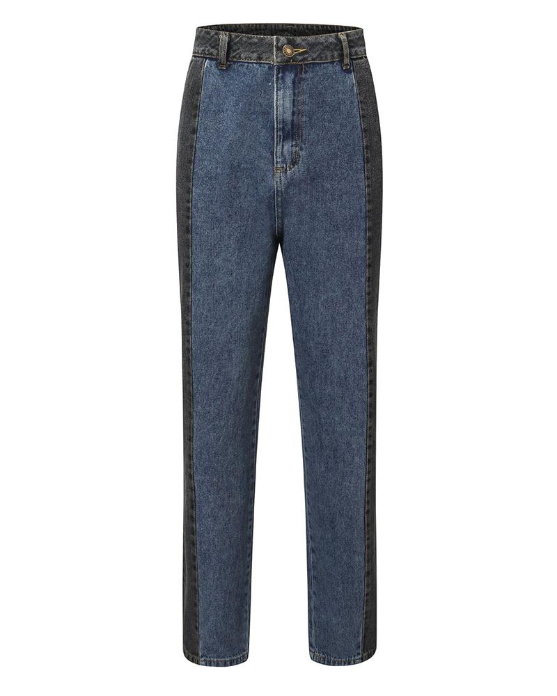 

Colorblock High Waist Loose Denim Pants, Blue