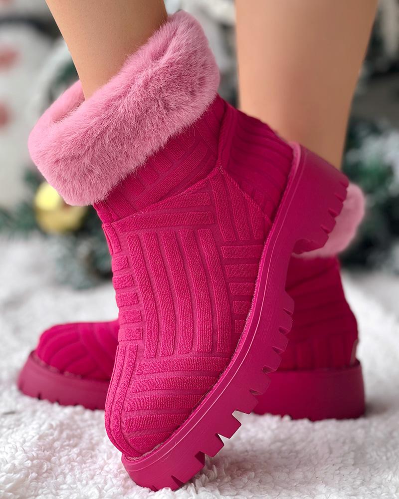 

Fuzzy Textured Platform Lined Ankle Boots, Hot pink