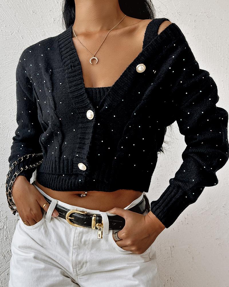 

Rhinestone Decor Buttoned Crop Cardigan With Tank Top, Black