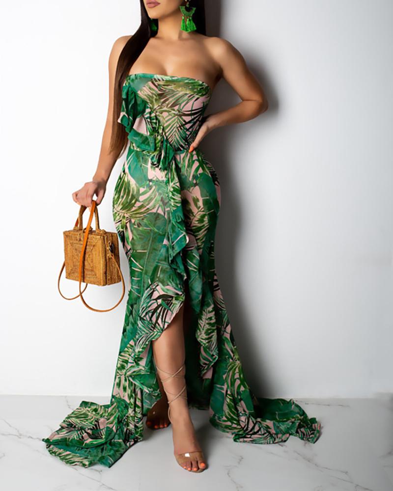

Ruffle Hem Tropical Print Sleeveless Dress, Green
