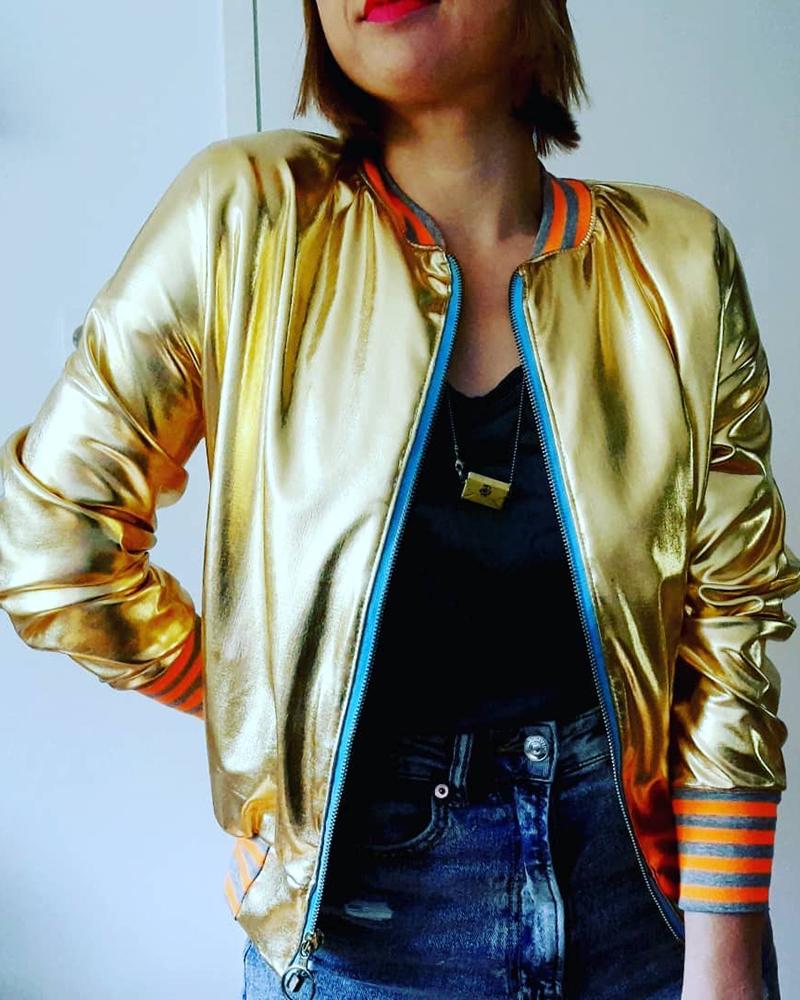 

Zipper Design Striped Baseball Jacket, Gold