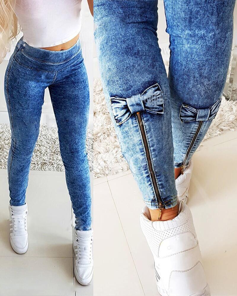 

Bowknot Decor Zipper Hem Flakes Skinny Jeans, Blue