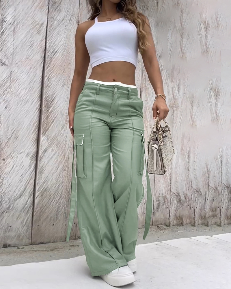 

Low-Rise Colorblock Waist Patch Pants Casual Pockets Design Wide Leg Cargo Pants, Army green