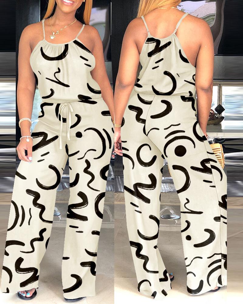 

Abstract Print Spaghetti Strap Drawstring Jumpsuit, Apricot