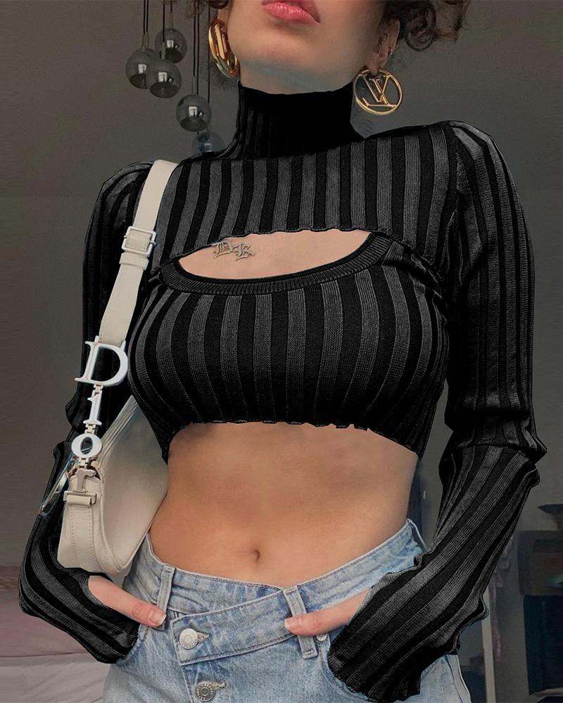 

Ribbed High Neck Super Crop Top With Camisole, Black