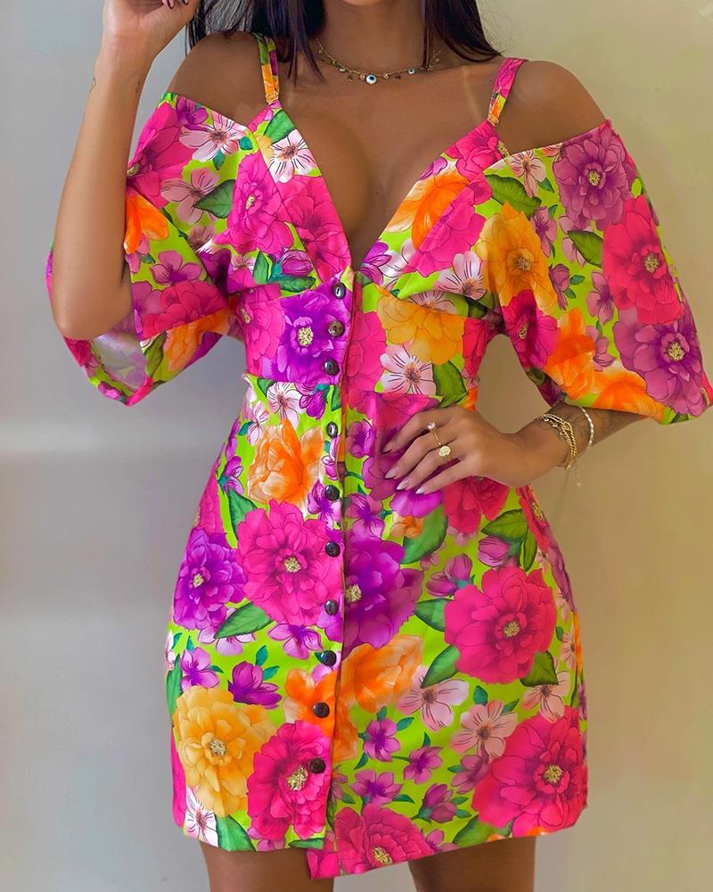 

Floral Print Buttoned Cold Shoulder Dress, Multicolor