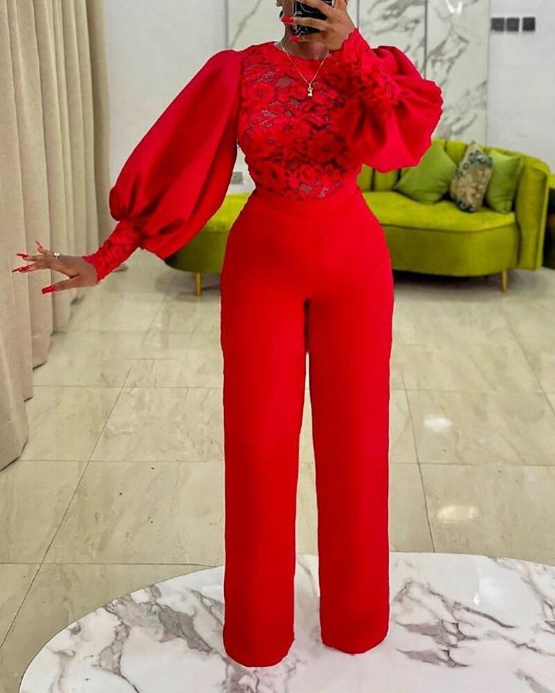 

Contrast Lace Lantern Sleeve Jumpsuit, Red