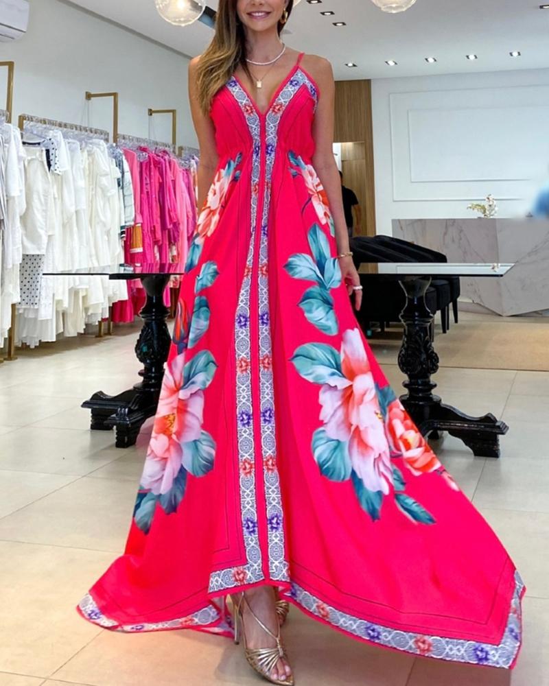 

Floral Print Backless Sleeveless Maxi Dress, Rose red