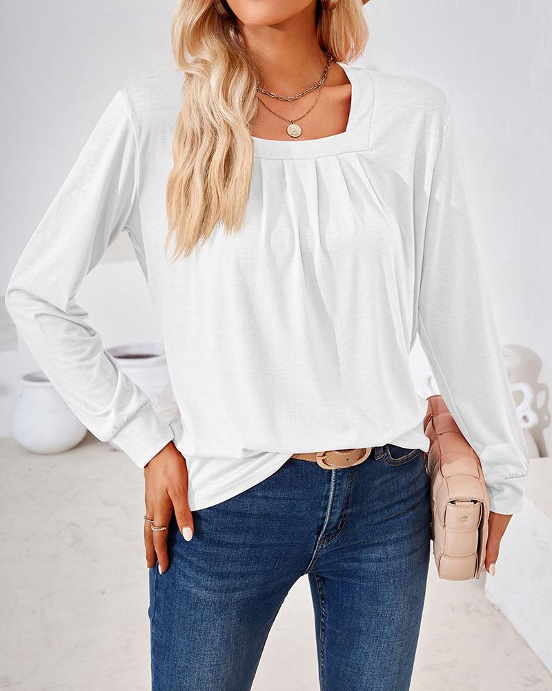 

Square Neck Long Sleeve Ruched Top, White