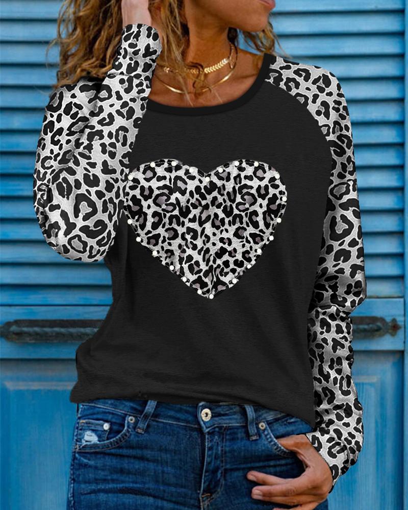 

Leopard Heart Print Patchwork Long Sleeve Top, Black