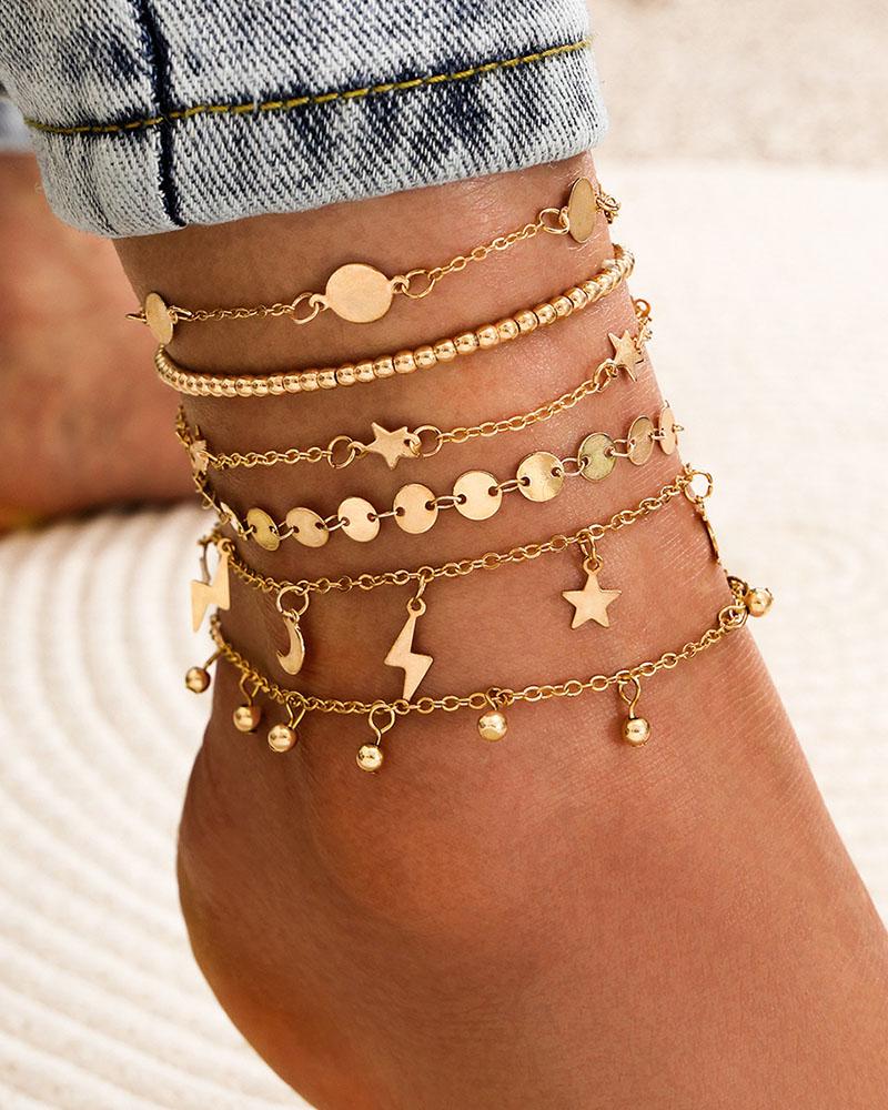 

Star & Lightning & Disc Anklet Set, Gold