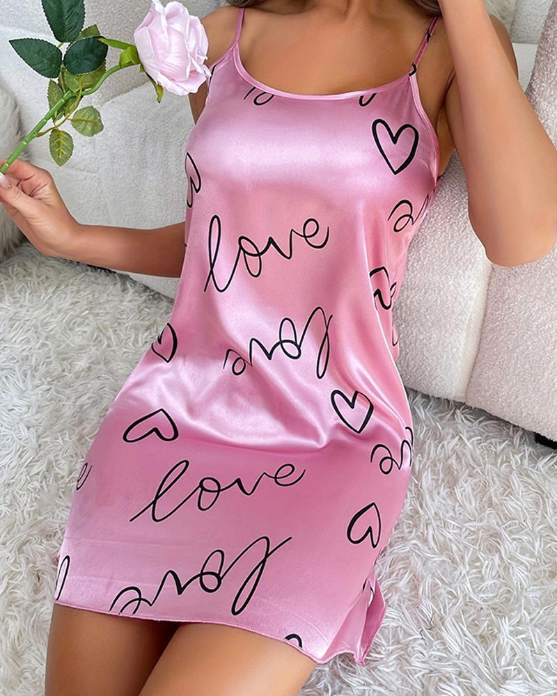 

Love Heart Print Scoop Neck Sleep Dress, Pink