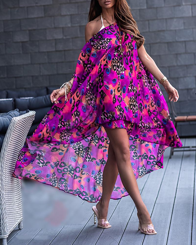 

Leopard Print One Shoulder Short Sleeve Loose Midi Dress, Purple