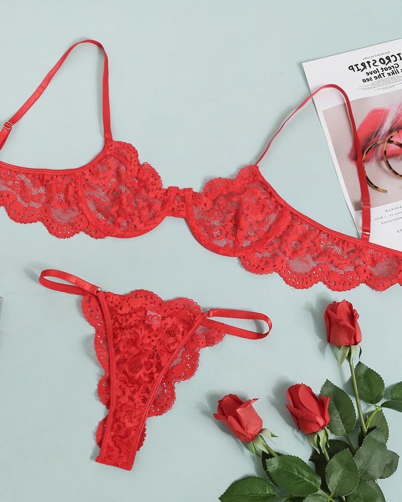 

Mesh Guipure Lace Lingerie Set, Red