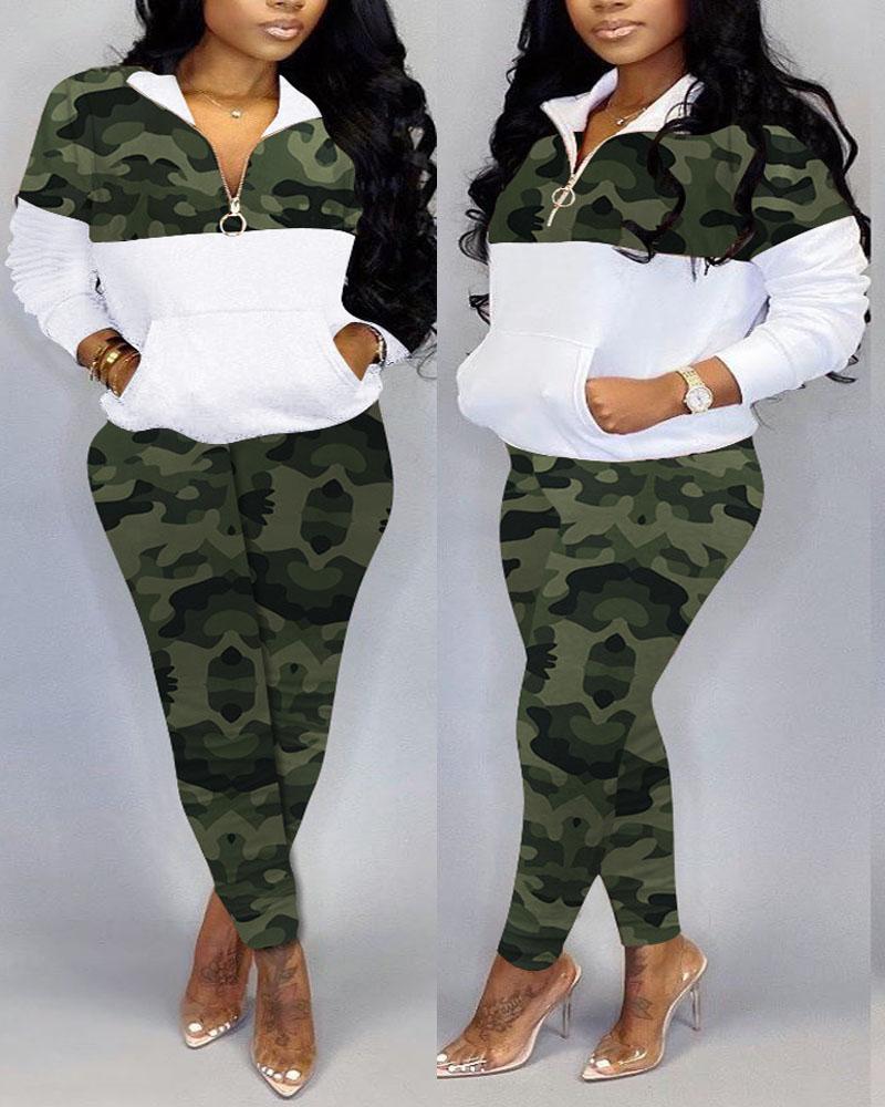 

Plus Size Camouflage Print Long Sleeve Top & Pants Set, Green