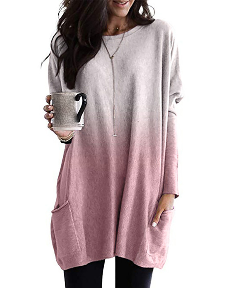 

Pocket Design Ombre Colorblock Casual Top, Pink