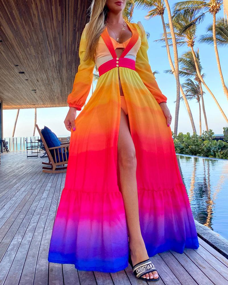

Plunge Tie Dye Print Puff Lantern Sleeve High Slit Dress, Multicolor