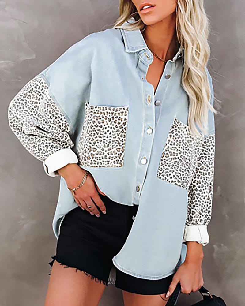 

Cheetah Print Colorblock Buttoned Shacket, Sky blue
