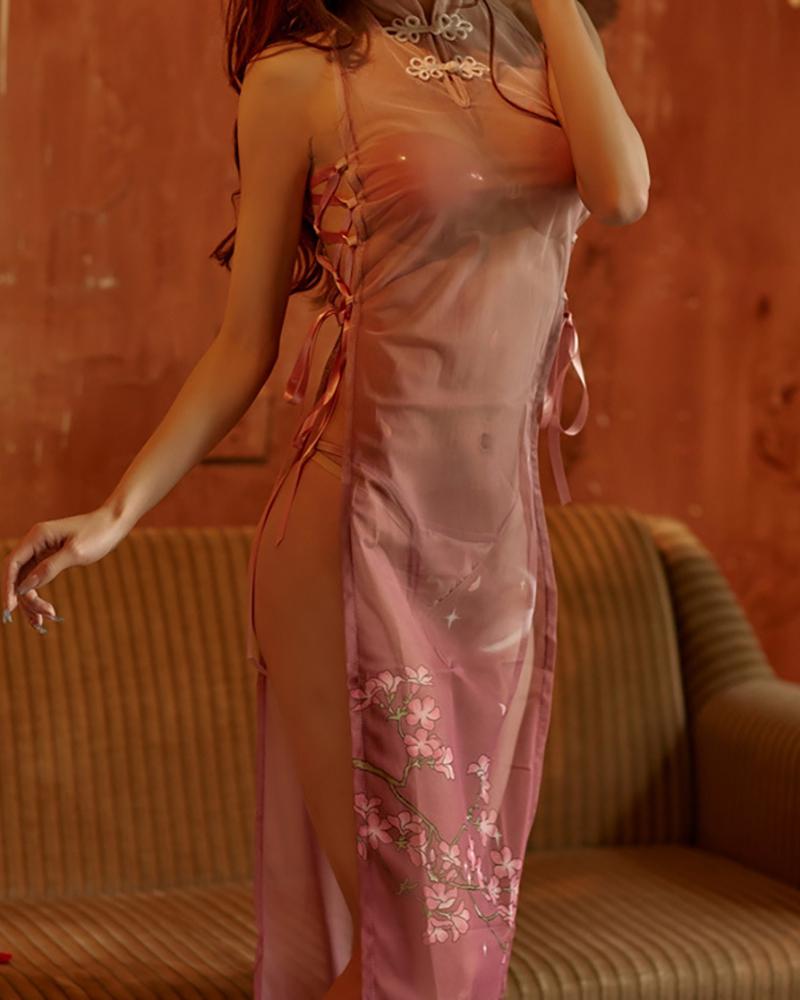 

Floral Print Lace-up Sheer Mesh High Slit Cheongsam Costume, Pink