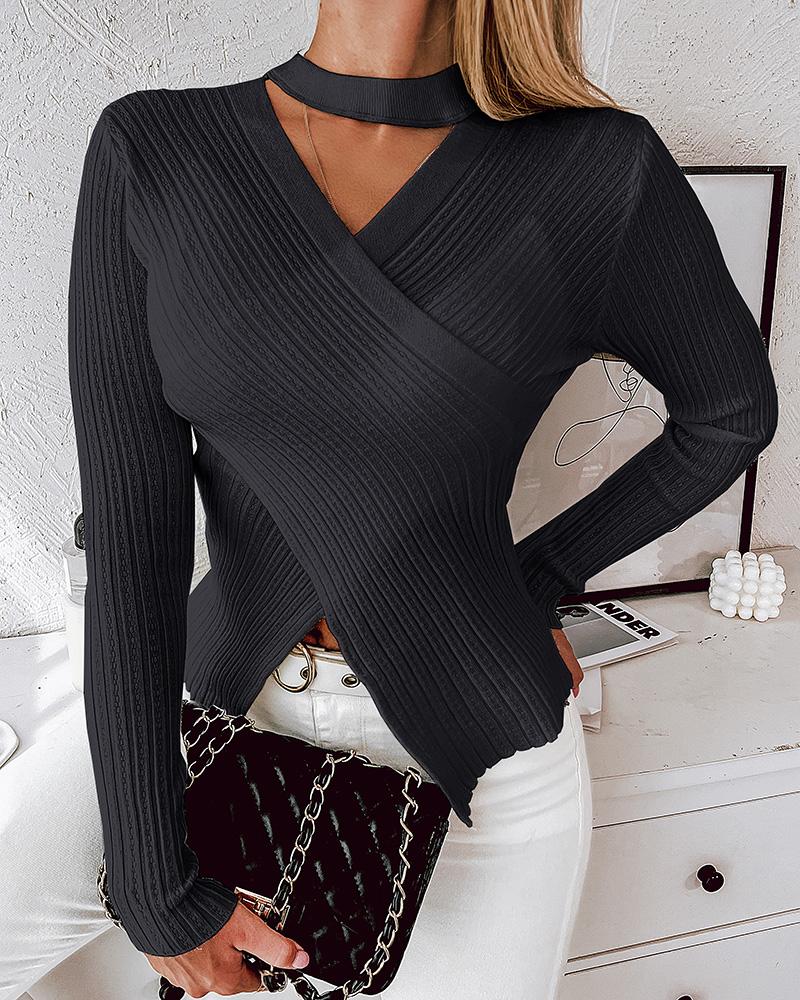 

Long Sleeve Crisscross Knit Top, Black