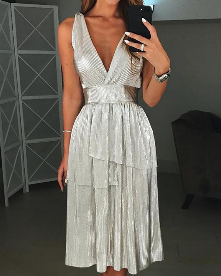 

Glittering V-Neck Layered Design Pleated Party Dress, Silver
